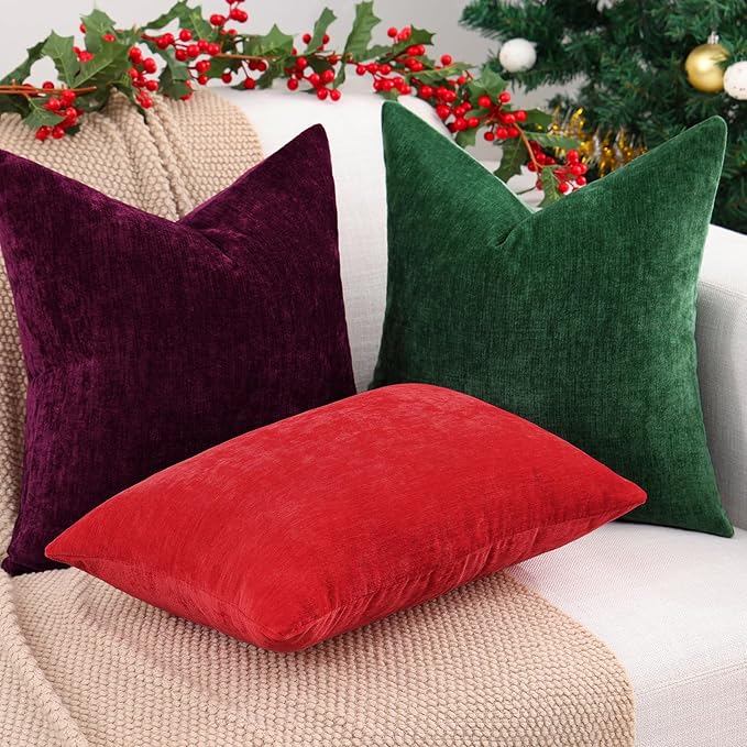 decorUhome Chenille Christmas Green Throw Pillow Covers 12x20 Inch Set of 2, Decorative Soft Couch Pillow Covers Solid Dyed Accent Velvet Farmhouse Neutral Rectangle Pillow Cases for Sofa Living Room