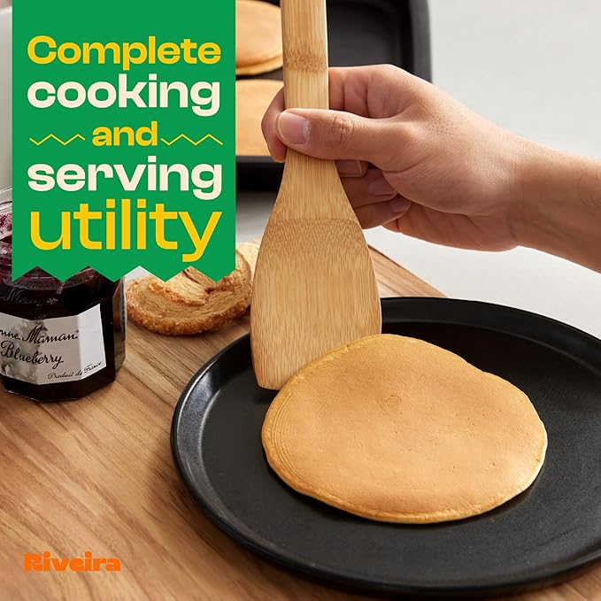 Riveira Bamboo Wooden Spoons for Cooking 9-Piece with Holder, Apartment Essentials Wood Spatula Spoon Nonstick Kitchen Utensil Set Premium Quality Housewarming Gifts for Everyday Use