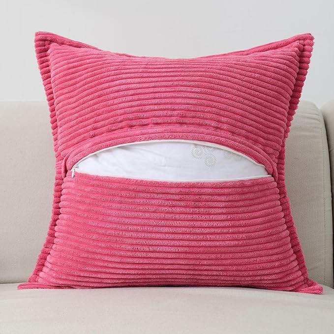 HAUSSY Hot Pink Throw Pillow Covers 12x12 Inch Set of 2,Soft Solid Corduroy Striped/Wide Bordered,Valentine Decor Pillows,Winter Home Decorations for Couch,Bed