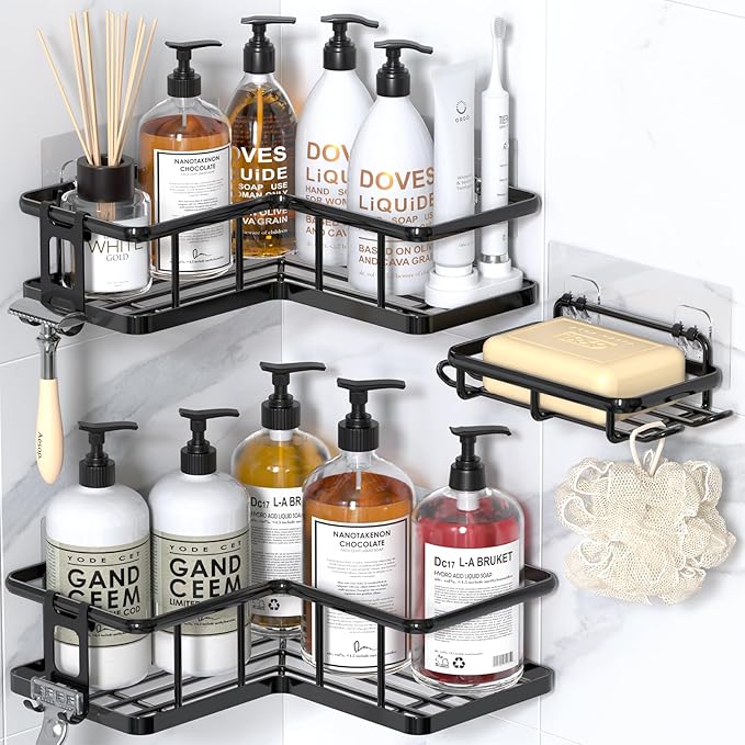 YASONIC Corner Shower Caddy Organizer, 3-Pack Adhesive Rustproof Stainless Steel Shower Shelves with Soap Holder, No Drilling Shower Storage Rack for Family Renters Bathroom, Black