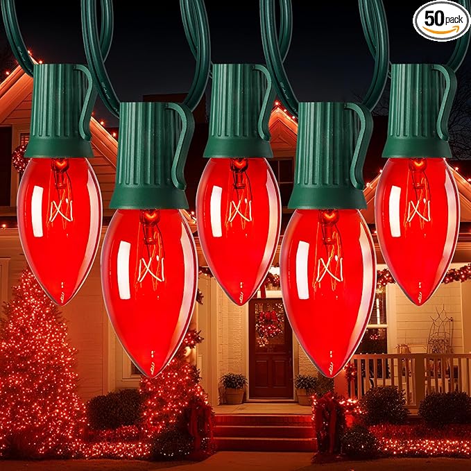C9 Christmas String Light Red, 50ft Vintage Christmas Tree Lights, Outdoor Roofline String Lights with 50+2 Red Bulbs for Patio Garden Holiday Indoor Home Xmas Decoration, Green Wire