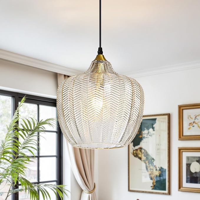 Modern Gold Pendant Light, Clear Glass Farmhouse Kitchen Island Pendant Light Fixture Adjustable Vintage Hanging Ceiling Light for Dining Room Corridor Bedroom 9.45 inch