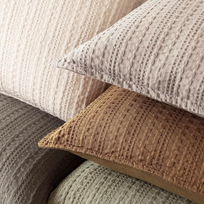 Foindtower Set of 2 Decorative Cotton Waffle Weave Throw Pillow Covers Euro Shams Cushion Covers Accent European Pillowcase for Bed Couch Sofa Bedroom Living Room Home Decor 18×18 Inch Orange Brown