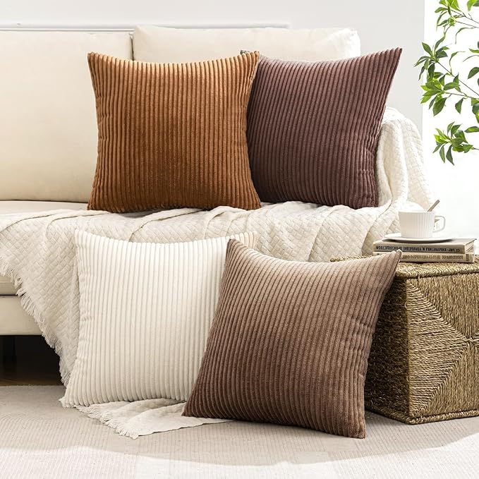 MIULEE Boho Farmhouse Fall Throw Pillow Covers 24x24 Inch Set of 4 Rustic Mordern Neutral Cushion Covers Soft Corduroy Nordic Home Decor for Couch Bed Sofa Living Room Brown