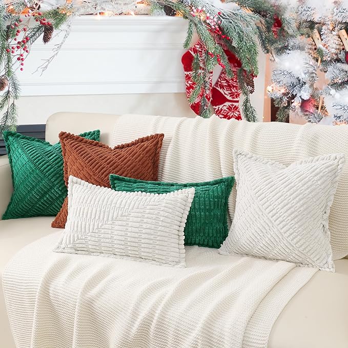 decorUhome Decorative Sage Green Throw Pillow Covers 24x24 Set of 2 with Splicing, Boho Soft Neutral Corduroy Broadside Twill Pillow Covers for Couch Bed Sofa Living Room