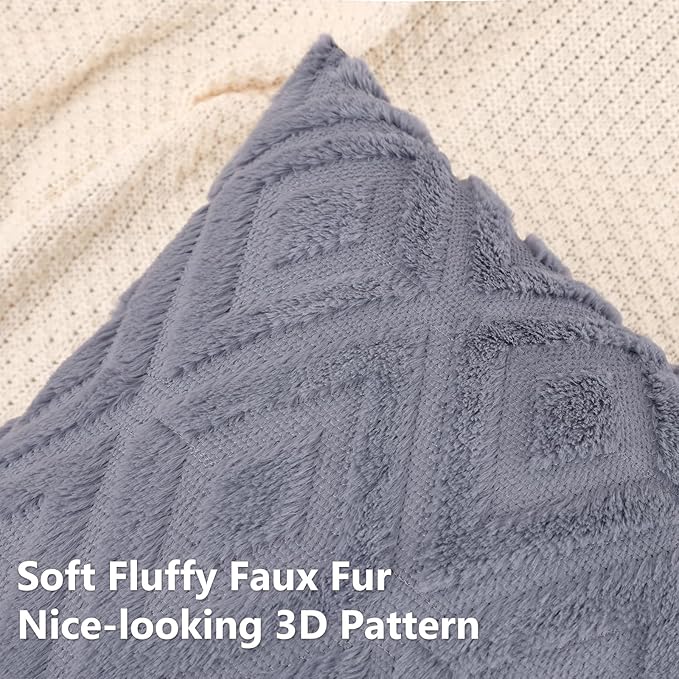 Pallene Blue Grey Throw Pillow Covers 26x26 Set of 2, Soft Plush Faux Fur Decorative Couch Pillow Covers for Sofa Bed Living Room Pillow Cases with 3D Diamond Pattern