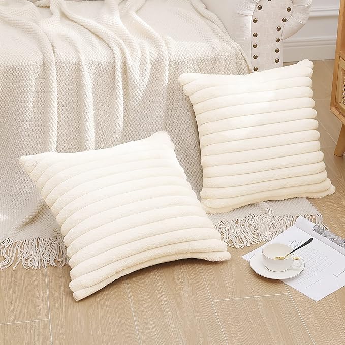 Pallene Faux Fur Plush Christmas Throw Pillow Covers 16x16 Set of 2, Luxury Soft Fluffy Striped Decorative Pillow Covers for Sofa, Couch, Living Room, Cream White