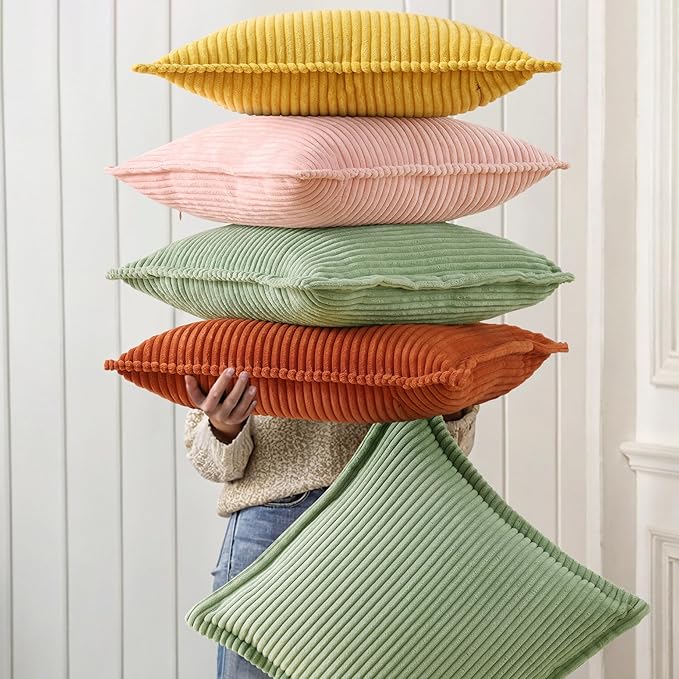 decorUhome Corduroy Mustard Yellow Throw Pillow Covers 12x20 Set of 2 Decorative Soft Boho Farmhouse Lumbar Euro Couch Pillow Covers for Living Room Bed Sofa Broadside Striped Pillow Cases