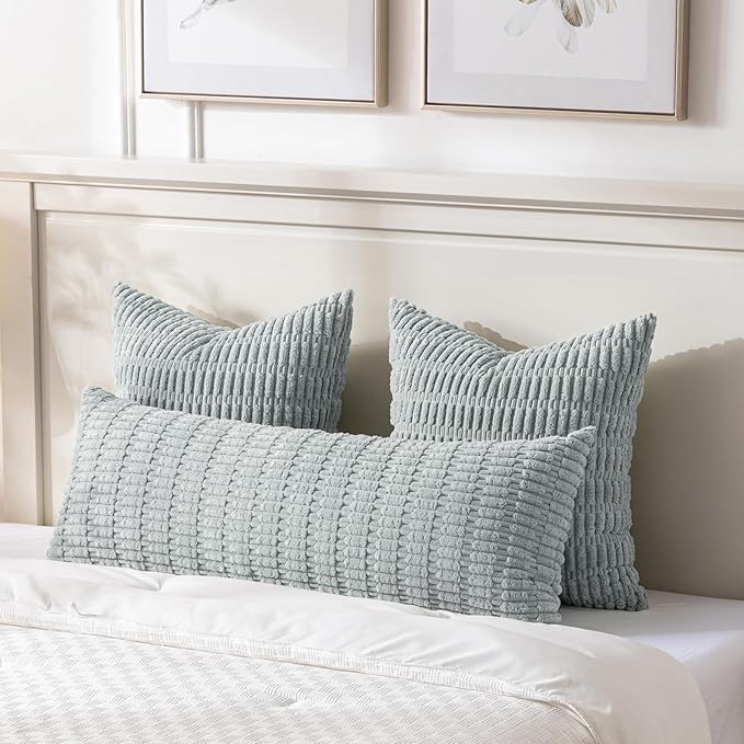 Fancy Homi Grey Blue Long Body Lumbar Lumbar Decorative Throw Pillow Covers 20x54 Inch for Bed Couch Bedroom Bench, Soft Corduroy Rectangle Solid Pillow Case, Rustic Farmhouse Boho Room Decor