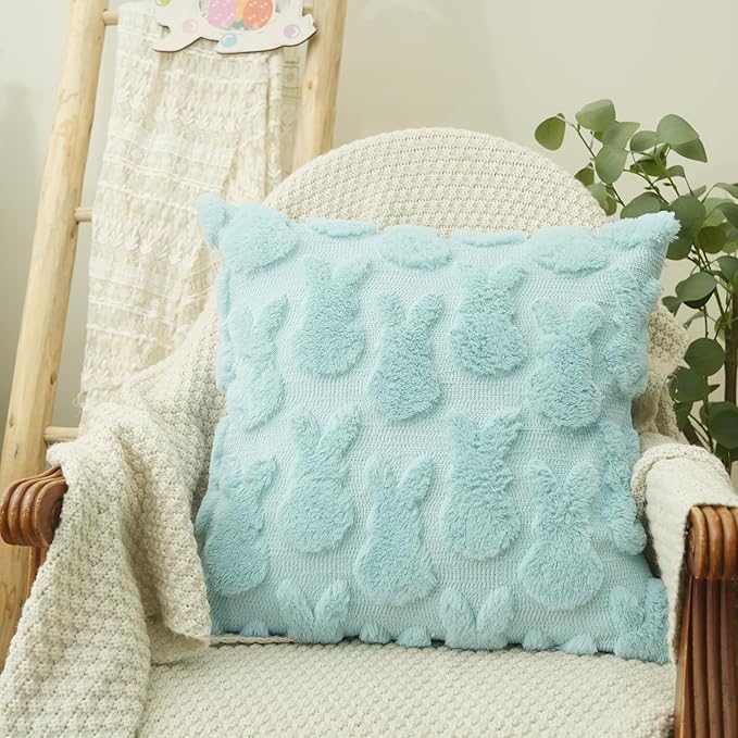 GEEORY Easter Bunny Soft Plush Pillow Covers, 18 x 18 Inch Set of 2, Fluffy Faux Fur Wool Decorative Farmhouse Cushion Case for Sofa Home Decoration Blue GC014-18