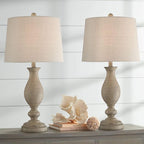 Regency Hill Serena Country Cottage Natural Traditional Table Lamps 27.5" Tall Set of 2 Cream Beige Gray Faux Wood Oatmeal Drum Shade for Living Room Bedroom House Bedside Nightstand Home