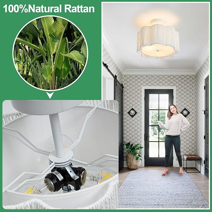3-Light Woven Snow Plum Blossom Ceiling Light - Boho Handwoven Rattan Bedroom Fixture, 13-14 Inch Natural Fiber Flush Mount for Nursery
