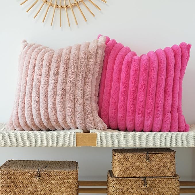 JOJUSIS Pack of 2 Faux Fur Plush Decorative Throw Pillow Covers Couch Cushion Case Soft Pillowcases (Pink, 24 x 24-Inch)
