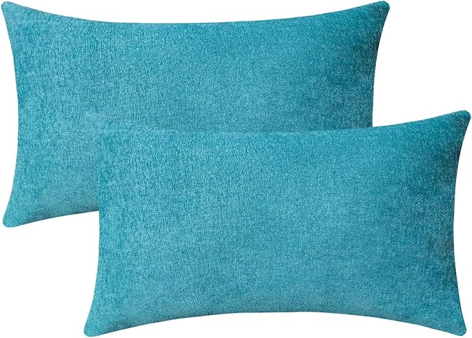 Jeneoo Decorative Turquoise Blue Throw Pillow Covers Lumbar Chenille Solid Cushion Couch Cases for Home Livingroom Sofa Decor (Set of 2, 12 x 20 Inches)