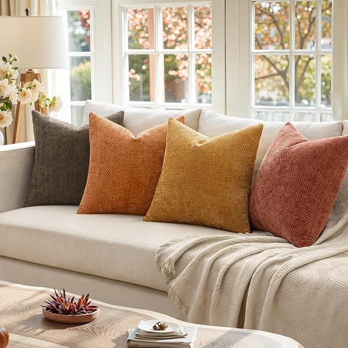 MIULEE Pack of 4 Fall Orange/Yellow Couch Throw Pillow Covers 18x18 Inch Halloween Soft Decorative Chenille Pillows Farmhouse Accent Cushions for Boho Home Decor Spring Sofa Bedroom Living Room