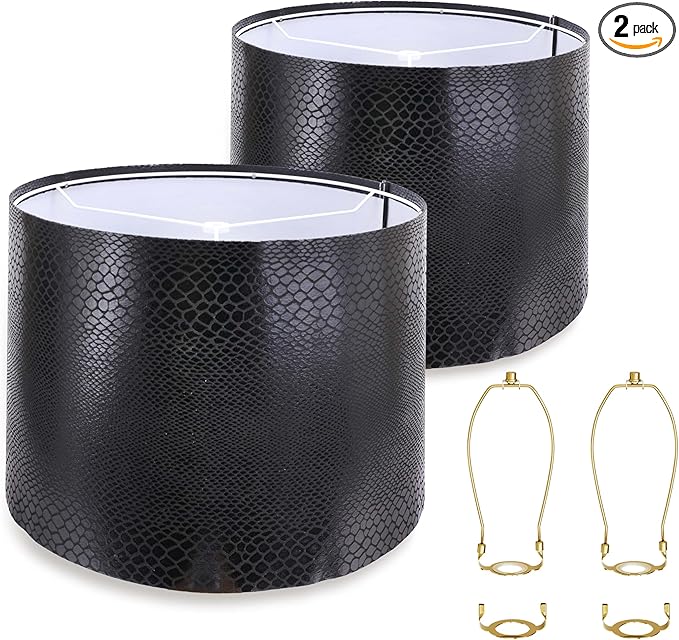 ALUCSET Lampshades Set of 2, Drum Lamp Shades 13" Top × 13" Bottom × 10" High, Imitation Crocodile Leather Lampshade Replacement for Table and Floor Lamps Easy Assembly Required Harp Holder Included