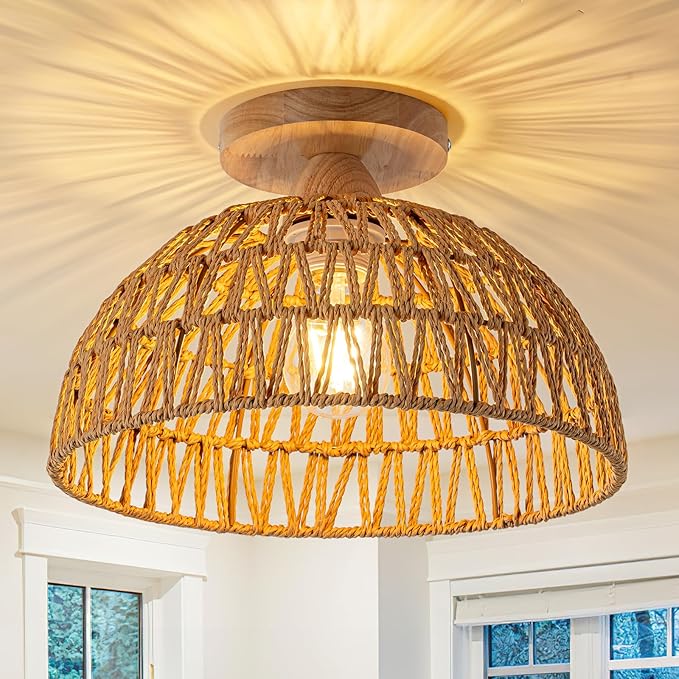 2 Packs Boho Light Rattan Chandelier Ceiling Lighting Fixtures Boho Lamp Shade Flush Mount Ceiling Light Hand-Woven Small Chandelier for Hallway Bedroom Kitchen Nursery Lights