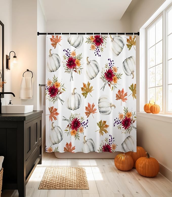 MAMUSE Fall Shower Curtain for Bathroom Stall Cute Decorative Waterproof Unique Design TeenWomen Cortinas de Baño Bathtub 72 x72 Inch, Pumpkins Flowers