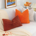 decorUhome Faux Fur Fall Throw Pillow Covers 18x18 Set of 2, Decorative Soft Plush Striped Neutral Couch Euro Pillow Covers with Velvet Back for Sofa, Bed, Living Room Home Decor, Rust