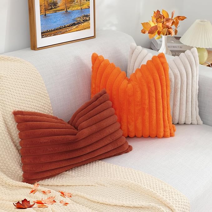 decorUhome Faux Fur Fall Throw Pillow Covers 26x26 Set of 2, Decorative Soft Plush Striped Neutral Couch Euro Pillow Covers with Velvet Back for Sofa, Bed, Living Room Home Decor, Rust