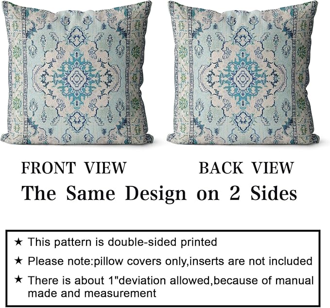 Snycler Boho Throw Pillow Covers 18x18 inch Set of 2 Teal Blue Boho Rug Carpet Double Sided Pattern Cotton Soft Pillow Case Cushion Cover Pillowcase for Couch Sofa Bed Decorative