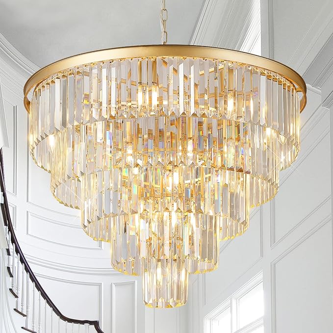 Large Crystal Chandeliers Modern 30”Gold Chandelier for Foyer Staircase Chandeliers 5 Tiers 16 Lights Luxury K9 Ceiling Pendant Lighting Fixture for Dining Room Bedroom