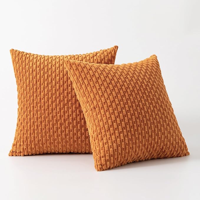 Kevin Textile Fall Throw Pillow Covers Soft Corduroy Decorative Set of 2 Boho Striped Pillow Covers Pillowcases Farmhouse Home Decor for Couch Bed Sofa Living Room 26x26 Inch Orange Yellow