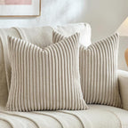 Fancy Homi Set of 2 Taupe Boho Decorative Throw Pillow Covers 18x18 Inch for Couch Bed Sofa, Aesthetic Modern Farmhouse Room Decor, Soft Fuzzy Fluffy Cozy Corduroy Textured Cushion Case 45x45cm
