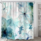 Sanzugh Teal Floral Shower Curtain, Boho Emerald Sage Hunter Olive Green Blue Abstract Flowers Art Cute Fabric Shower Curtains Set for Bathroom Decorative with Hooks 72 X 78 inch Spring Bath Decor