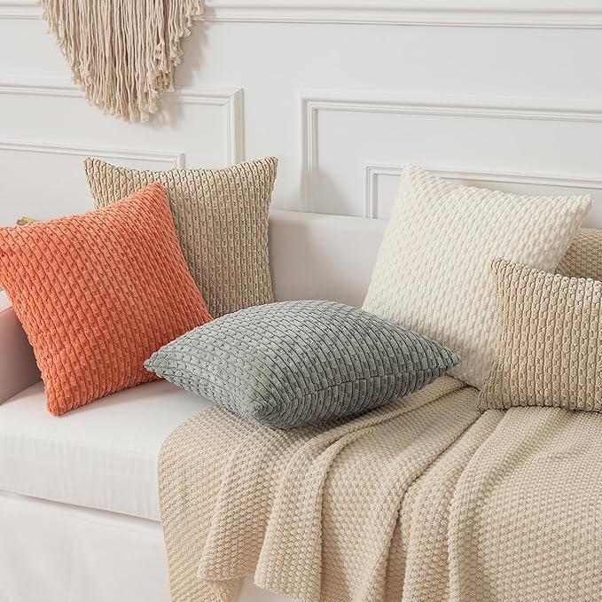 Kevin Textile Throw Pillow Covers Soft Corduroy Decorative Set of 2 Boho Striped Pillow Covers Pillowcases Farmhouse Home Decor for Couch Bed Sofa Living Room 16x16 Inch Beige