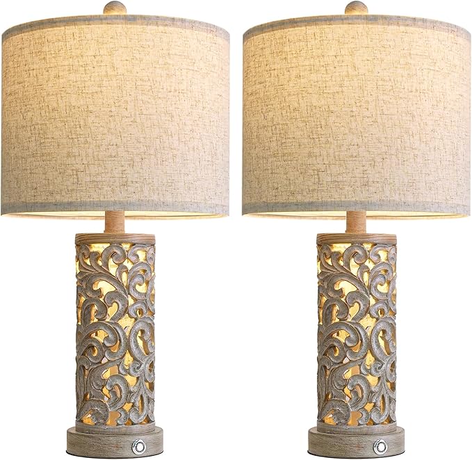 22" Dual Light Table Lamps Set of 2, Touch Lamp with 3-Level Dimming, Lamps for Bedroom with USB A+C Charging Ports, Farmhouse Lamps for Living Room and Night Stands