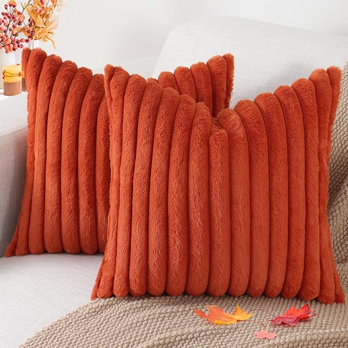 Pallene Faux Fur Plush Fall Throw Pillow Covers 22x22 Set of 2, Luxury Soft Fluffy Striped Decorative Pillow Covers for Sofa, Couch, Living Room, Rust