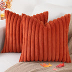 Pallene Faux Fur Plush Fall Throw Pillow Covers 16x16 Set of 2, Luxury Soft Fluffy Striped Decorative Pillow Covers for Sofa, Couch, Living Room, Rust