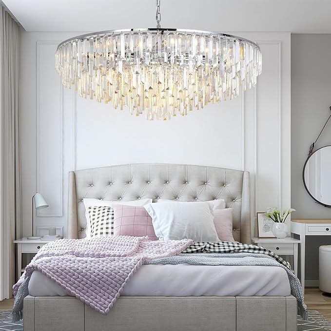 Chrome Crystal Chandelier for Dining Room, 40" Modern Round Luxury Chandeliers 7-Tier 17 Lights Large Adjustable Height Ceiling Hanging Pendant Light Fixture for Living Room Bedroom Foyer