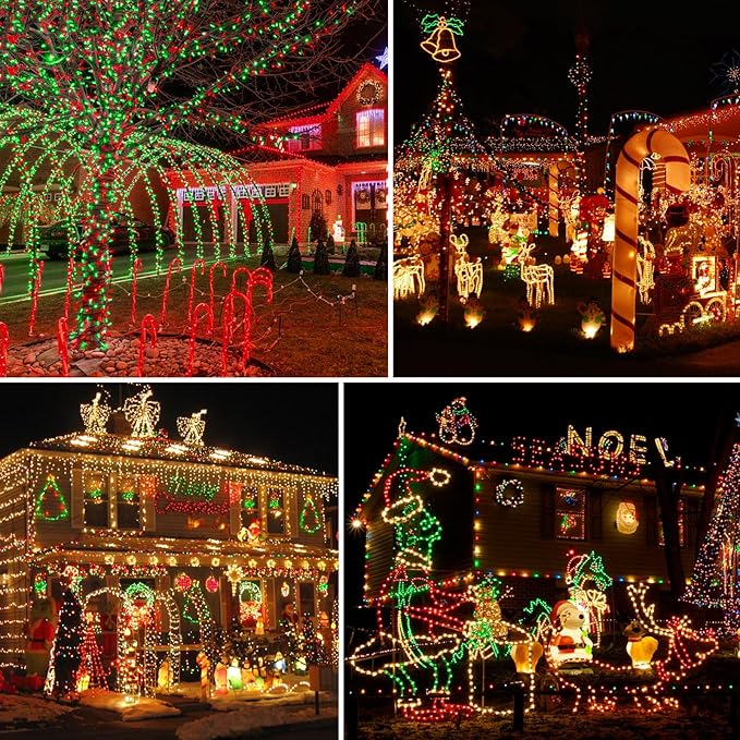2 Pack Christmas String Lights Indoor Outdoor, Super Bright 66FT 200 LED String Lights Waterproof, 13 Modes Twinkle Xmas Lights with Timer for Christmas Tree Decorations (Red and Green)