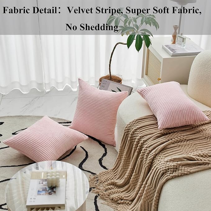 Home Brilliant Large Pillow Covers for Sofa Bed Euro Sham Super Soft Striped Velvet Couch Set of 2 Throw Pillow Covers for Room, 24 x 24 inch, Blush Pink