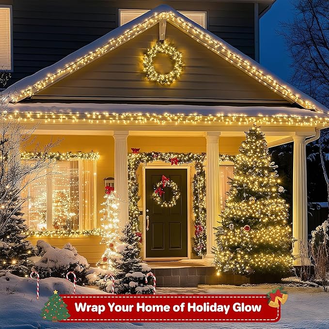 100 LED Christmas String Lights, 33 FT Connectable Waterproof String Lights Green Wire with Timer Memory Function & 8 Modes, for Indoor Outdoor Xmas Trees Party Garden, WarmWhite