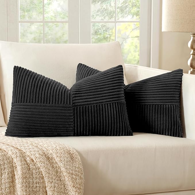 MIULEE Black Corduroy Pillow Covers Pack of 2 Boho Decorative Spliced Throw Pillow Covers Soft Solid Couch Pillowcases Cross Patchwork Textured Cushion Covers for Living Room Bed Sofa 12x24 inch
