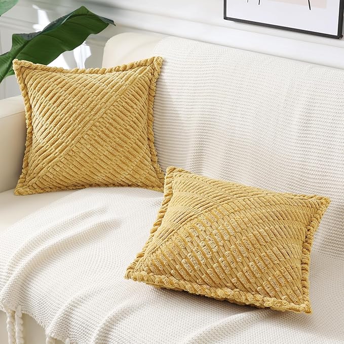 decorUhome Decorative Mustard Yellow Fall Throw Pillow Covers 22x22 Set of 2 with Splicing, Boho Soft Neutral Corduroy Broadside Twill Pillow Covers for Couch Bed Sofa Living Room