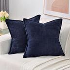 HAUSSY Navy Blue Throw Pillow Covers 12x12 Inch Set of 2,Soft Solid Corduroy Striped/Wide Bordered,Square Decorative Cushion Case,Winter Home Decorations for Couch,Bed