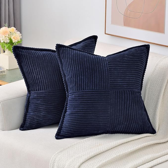 HAUSSY Navy Blue Throw Pillow Covers 18x18 Inch Set of 2,Soft Solid Corduroy Striped/Wide Bordered,Square Decorative Cushion Case,Spring Home Decorations for Couch,Bed