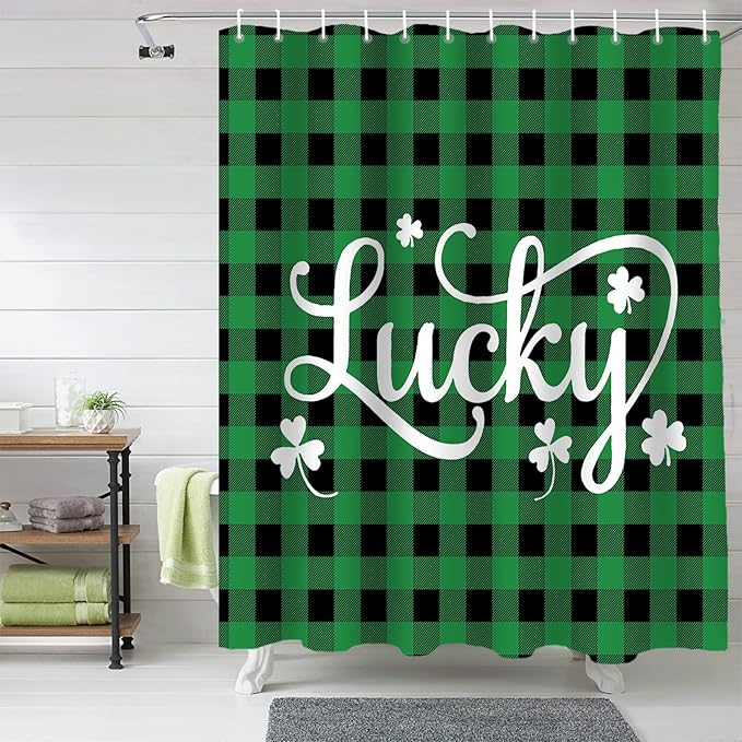 St. Patrick's Day Buffalo Plaid Shower Curtain,Lucky Shamrocks Clover Shower Curtains Set with Hooks,Rustic Green Black Waterproof Fabric Bathroom Curtains Decor Home Accessories,72 X 84 Extra Long
