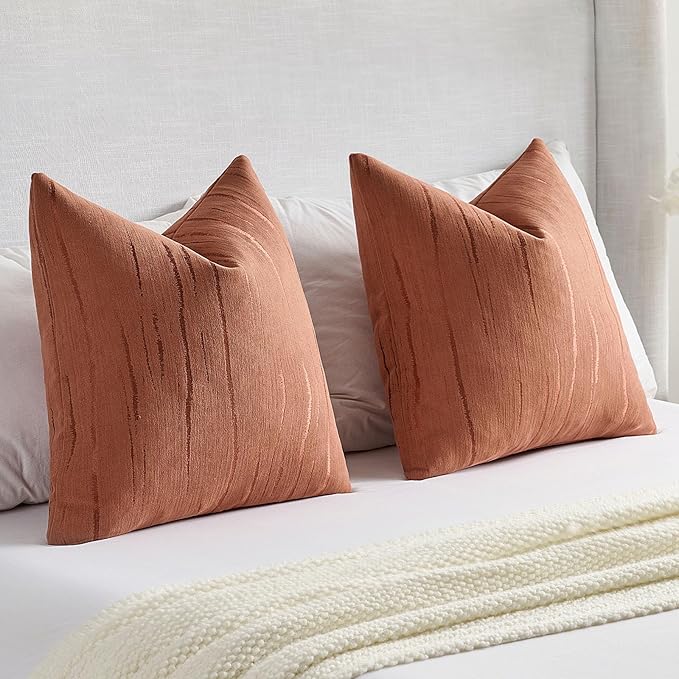 FUTEI Rust Chenille Decorative Throw Pillow Covers 24x24 Inch Set of 2,Soft Embossed Striped Textured European Cushion Case,Modern Home Decor for Couch Bed Living Room