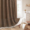 MitoVilla 72 x 84 Brown Boho Extra Long Shower Curtain, Farmhouse 84 inch XL Polyester Linen Texture Tassel Fabric Shower Curtain Set with Hooks for Cottagecore Country Bathroom Decor