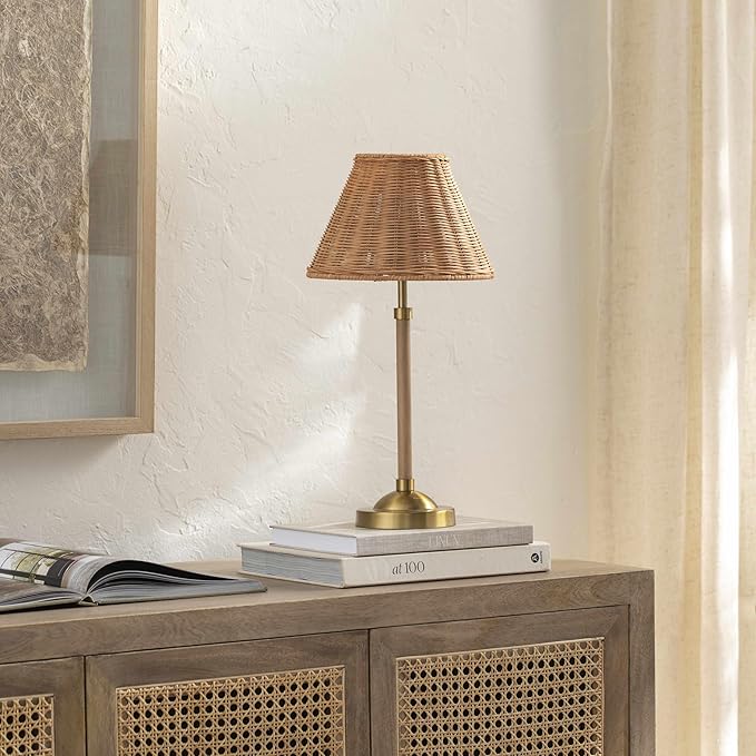 BoutiqueRugs Zakharivka Boho Bedside Table Lamp for Bedroom Nightstand - Iron End Side Lighting for Living Room - Shade Rattan - Beige, Gold - 19'' H