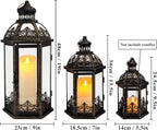TRIROCKS Large Set of 3 Decorative Lanterns 19''&13.5''&9.5" H Vintage Hanging Lantern Metal Candleholder with Tempered Glass for Indoor Outdoor Home Decor Parties Garden(Black with Gold Brush)