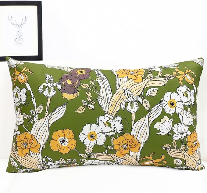 Decorative Throw Pillow Covers Set of 2 Green Pillow Covers 12x20 inch Soft Short Plush Square Freesia Floral Throw Pillows,Farmhouse Outdoor Pillow Covers for Couch Sofa Bed Living Room