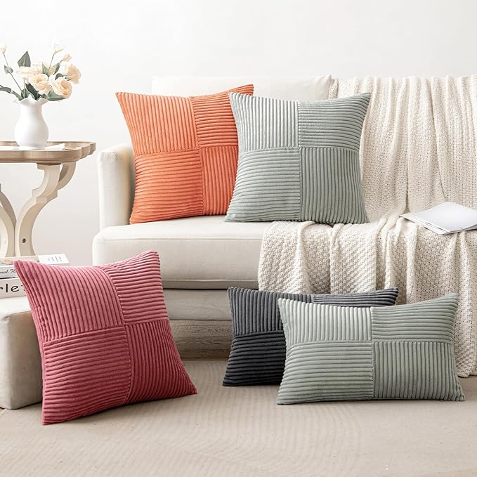 MIULEE Coral Red Corduroy Pillow Covers Pack of 2 Boho Decorative Spliced Throw Pillow Covers Soft Solid Couch Pillowcases Cross Patchwork Textured Cushion Covers for Living Room Bed Sofa 18x18 inch
