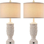 Table Lamps Set of 2 for Living Room, Farmhouse Bedside Lamp with USB C+A for Bedroom, 28.5" Tall Rustic Nightstand Lamps with Linen Fabric Shade,White Elegante Lamps for Hotel Office Decor