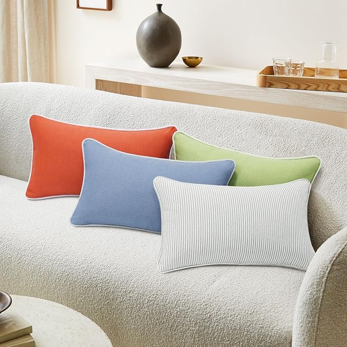 Decorative Outdoor Water Repellent Throw Pillows with Inserts, Set of 4, 20" x12" Pillows for Patio, Backyard, Bed, Couch, and Patio Furniture, Tan Stripe